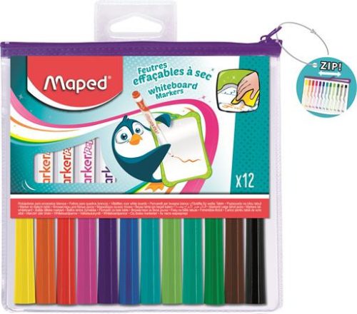 Táblamarker készlet, 1,5 mm, kimosható, fehértáblához, MAPED "Marker'Peps", 12 különböző szín