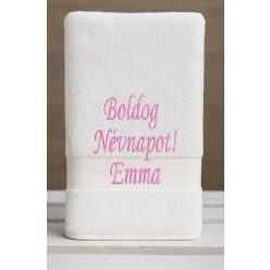   Egyedi hímzett törölköző – Boldog Névnapot!/Fehér pink