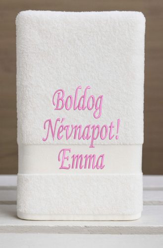 Egyedi hímzett törölköző – Boldog Névnapot!/Fehér pink