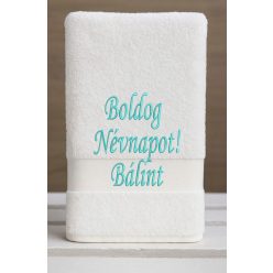   Egyedi hímzett törölköző – Boldog Névnapot!/Fehér türkiz