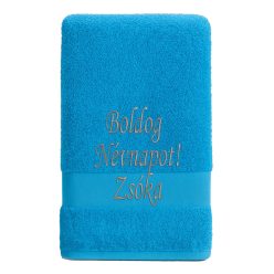   Egyedi hímzett törölköző – Boldog Névnapot!/Karibi kék