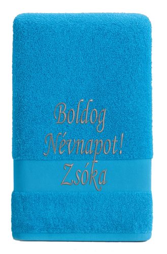Egyedi hímzett törölköző – Boldog Névnapot!/Karibi kék