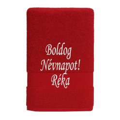 Egyedi hímzett törölköző – Boldog Névnapot!/Piros