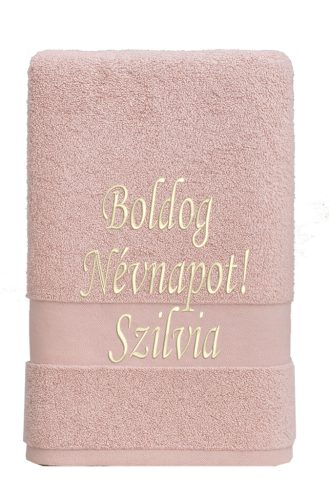Egyedi hímzett törölköző – Boldog Névnapot!/Világos rózsaszín