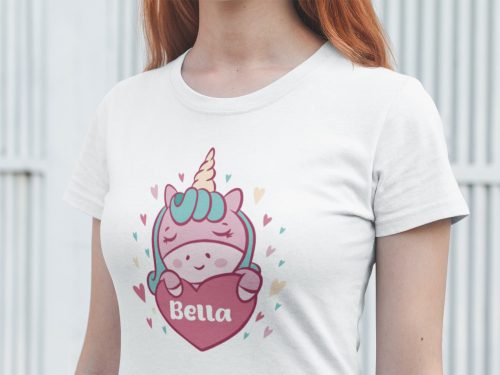 Szíves unikornis fehér póló egyedi névvel