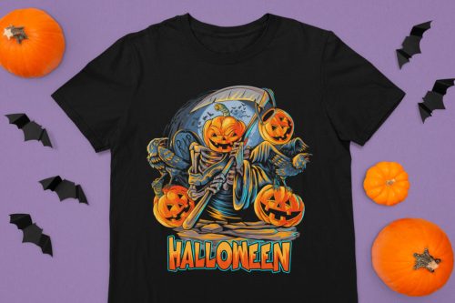 Halloweeni kaszás tök fekete póló