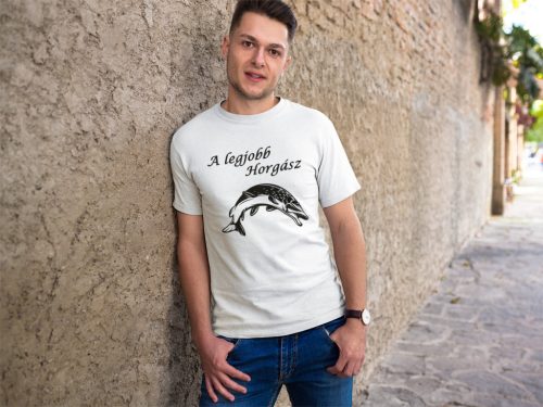 Legjobb horgász csuka mintával férfi fehér póló