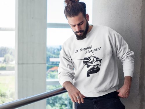 Legjobb horgász harcsa mintával unisex pulóver fehér