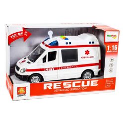   Mentőautó, el., hang+fény, lend., ajtónyitós, 27x17 cm dob. gombel.