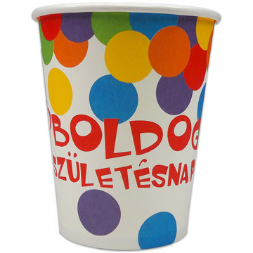 Boldog születésnapot feliratos 6 darabos papírpohár - 250 ml, konfetti mintás