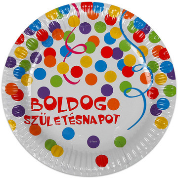 Boldog születésnapot feliratos 6 darabos papírtányér - 23 cm, konfetti mintás