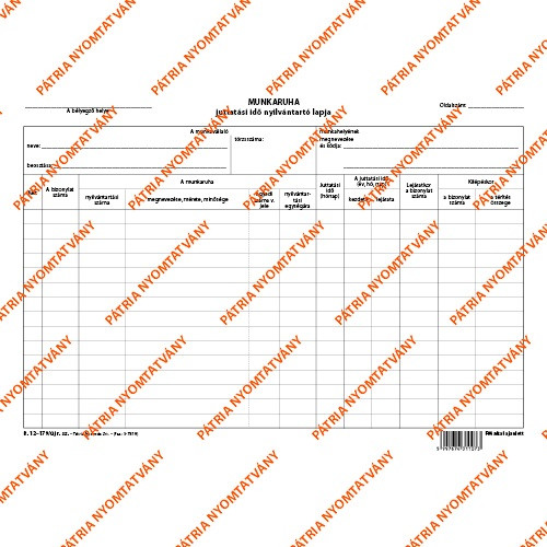 Munkaruha juttatási idő nyilvántartó lap A/4 fekvő