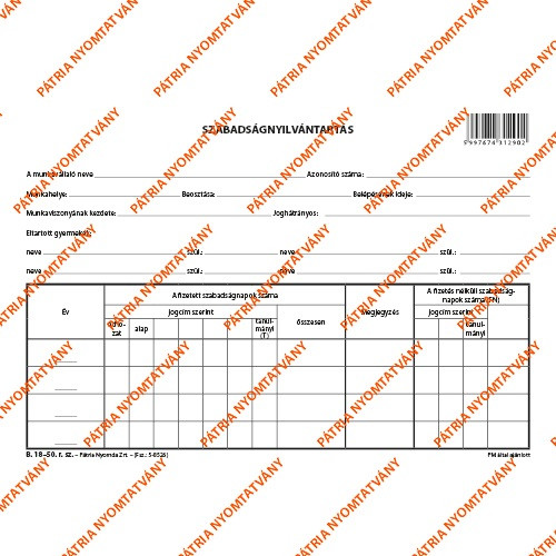 Szabadságnyilvántartás A/5 fekvő
