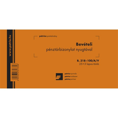 Bevételi pénztárbizonylat nyugtával 25x3 lapos tömb 203x102 mm